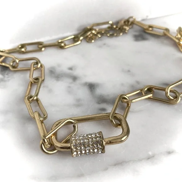 16" 18" Gold Rhinestone Carabiner Paperclip Chain Necklace Adjustable Medium - Picture 3 of 6